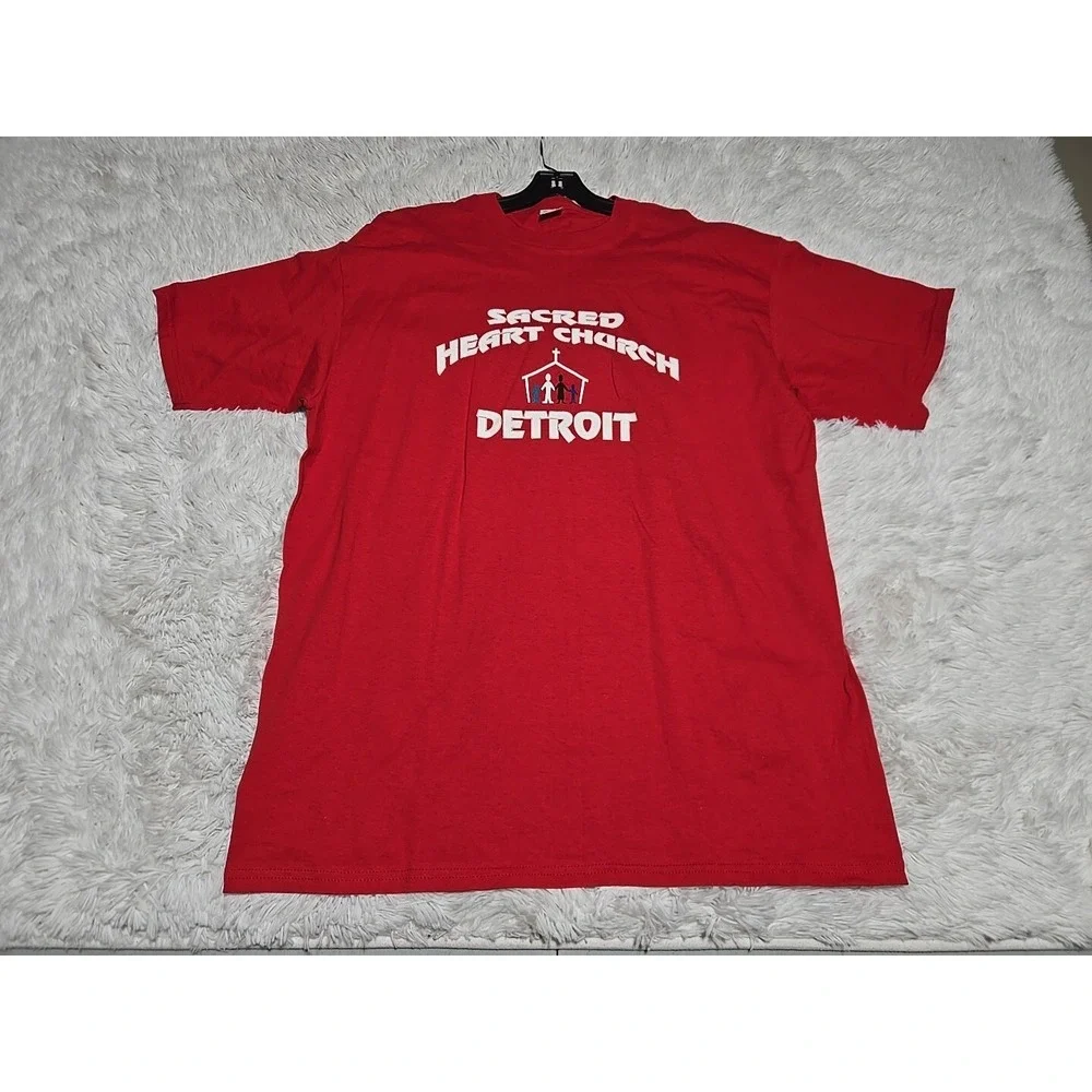 Vintage 90s Sacred Heart Church Detroit 2XL T-Shirt Tee Union Made‎ In USA Red